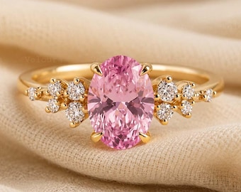 Pink Sapphire Engagement Ring for Women, Vintage Moissanite Cluster Promise Ring, 2 CT Oval Pink Sapphire Bridal Ring, Wedding Gift for Love