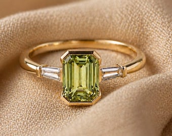 14k Solid Gold 2.0CT Emerald Cut Peridot Ring For Women Engagement Jewelry Luxury Three Stone Ring Gifts For Her Moissanite Daily Wear Ring