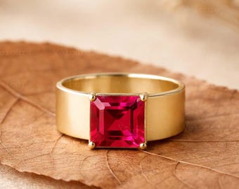 Anello di fidanzamento con rubino rosso taglio principessa, anello di nozze minimalista con rubino solitario, anello di promessa in oro rosa per donna, regalo di anniversario per moglie