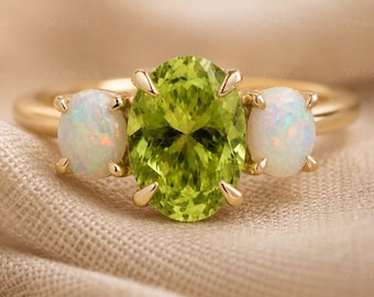 3CT Oval Cut Peridot Engagement Ring 14k Solid Gold Opal Bridal Ring Three Stone Ring Trilogy Ring Wedding Jewelry Anniversary Gift For Love