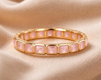 Anillo de eternidad completo de cuarzo rosa estilo Art Déco, alianza de boda de cuarzo en oro de 14 quilates con engaste de bisel, regalo de aniversario, anillo de compromiso de lujo único para el amor.
