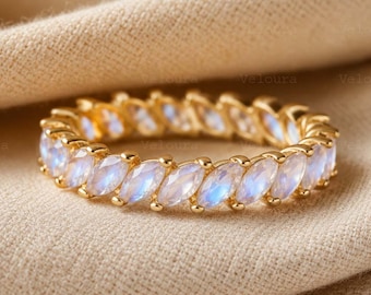 Marquise Moonstone Wedding Band, Full Eternity Ring, Solid Yellow Gold Bridal Band, Unique Stackable Anniversary Ring, Promise Ring For Love