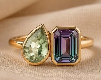Alexandrite & Green Amethyst Toi Et Moi Wadding Ring, Pear Emerald Cut Birthstone Ring, Gold Engagement Promise Ring, Mother's Gift for Her