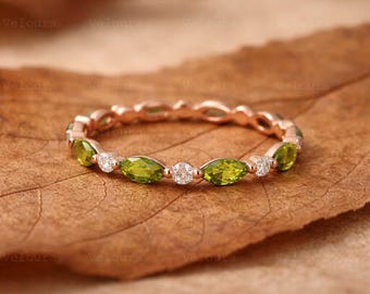 Marquise Cut Peridot, Moissanite Full Eternity Ring, Peridot & Moissanite Alternate Ring, Anniversary Gift For Wife, Stackable Promise Band