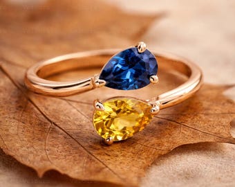 Toi et Moi Ring Blue Sapphire And Citrine Ring Two Stone Bypass Open Engagement Ring Birthstone Jewelry Personalized Mother Ring Gift forHer