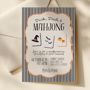 May include: A rectangular Halloween party invitation card with a black and white vertical striped border and a scalloped orange frame. The text reads Tricks, Treats & MAHJONG, featuring illustrations of a witch hat, bats, and candy corn tiles.