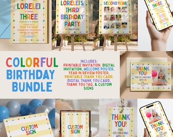 Colorful Kids Birthday Bundle, Yellow Striped Editable Canva Template Party Set (Digital Download)