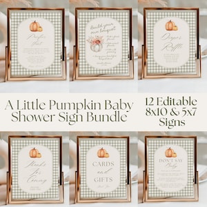 May include: A bundle of 12 editable baby shower signs featuring a light green and white gingham pattern, pumpkin illustrations, and elegant typography. The signs include text for a pacifier hunt, bouquet station, diaper raffle, and gift table.