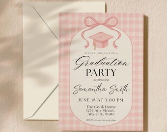 Rosa Gingham Graduierung Einladungsvorlage, Coquette Bow Grad Hat einladen (Digitaler Download)