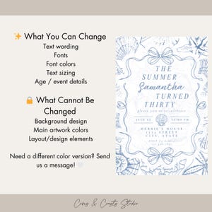 May include: An invitation design with a summer theme. The text reads "The Summer Samantha Turned Thirty" with event details. The design includes seashell illustrations and a bow. The invitation is in shades of blue.