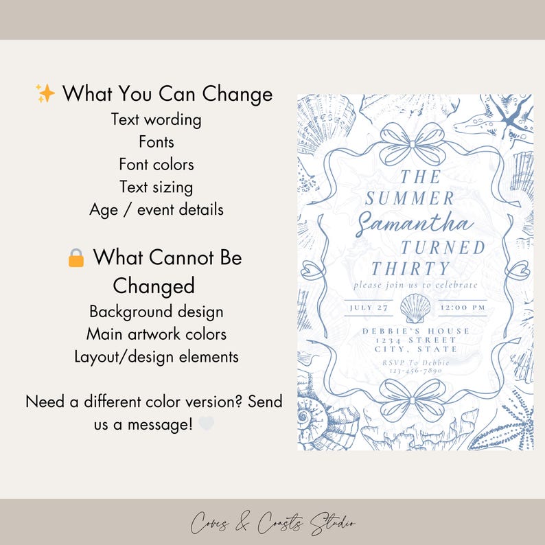 May include: An invitation design with a summer theme. The text reads "The Summer Samantha Turned Thirty" with event details. The design includes seashell illustrations and a bow. The invitation is in shades of blue.
