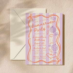 May include: A Summerween party invitation with a light purple and white striped background. The invitation features orange text and illustrations of a spider, disco ball, ghost, flower, candy, pumpkin, bat, and bow. The invitation is celebrating Samantha's birthday.