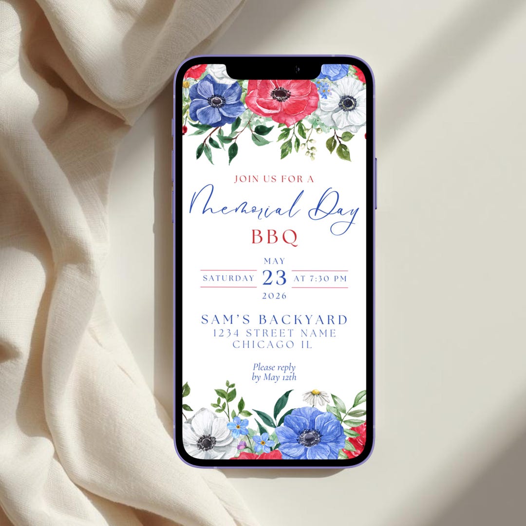 Digital Memorial Day Party Invitation Template, Floral Red White Blue ...