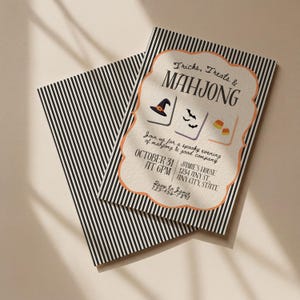May include: A rectangular Halloween party invitation with a black and white vertical striped border. The center features a cream-colored scalloped frame with the text Tricks, Treats & MAHJONG, along with illustrations of a witch hat, bats, and candy corn.