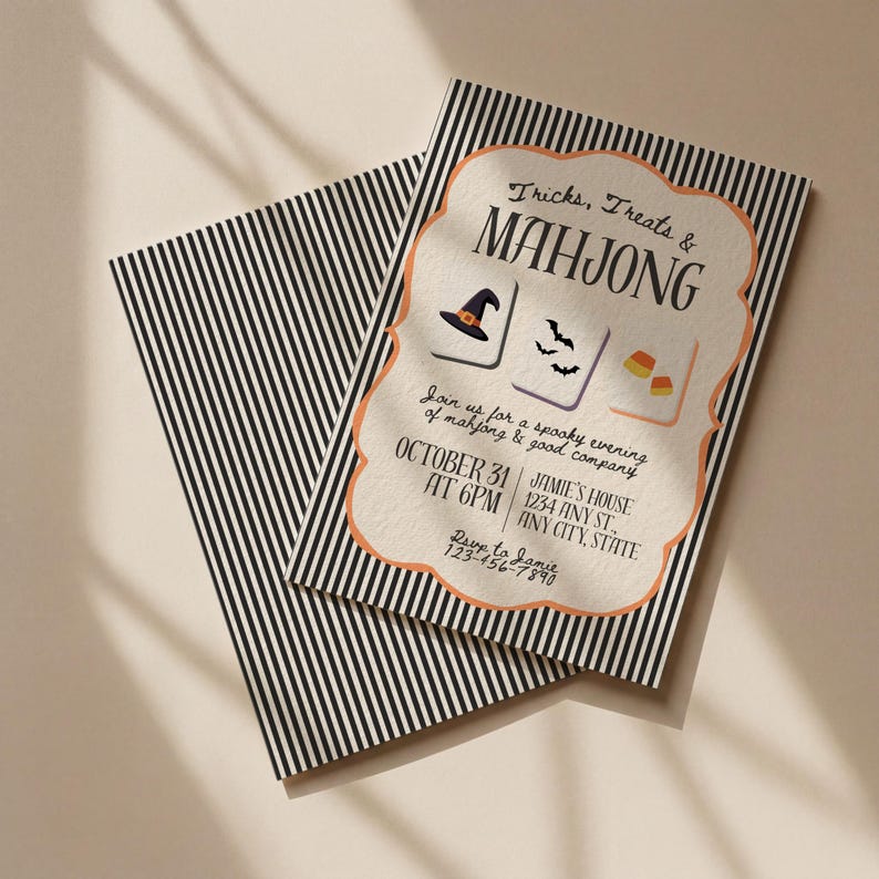 May include: A rectangular Halloween party invitation with a black and white vertical striped border. The center features a cream-colored scalloped frame with the text Tricks, Treats & MAHJONG, along with illustrations of a witch hat, bats, and candy corn.