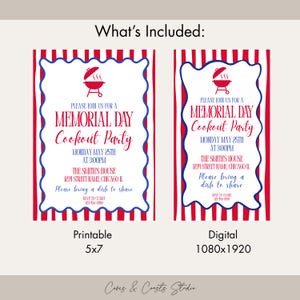 Puede incluir: Dos invitaciones a una fiesta de barbacoa del D&iacute;a de los Ca&iacute;dos. Tienen un esquema de color rojo, blanco y azul. El texto incluye la fecha, la hora y el lugar de la fiesta. Una es imprimible 5x7 pulgadas, la otra es digital 1080x1920 p&iacute;xeles.