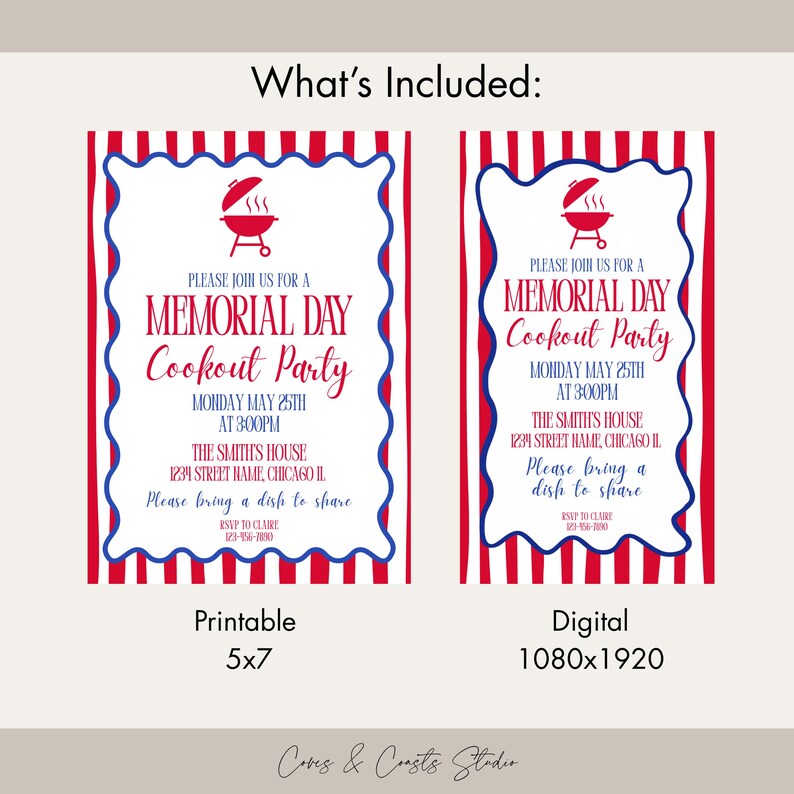 Puede incluir: Dos invitaciones a una fiesta de barbacoa del D&iacute;a de los Ca&iacute;dos. Tienen un esquema de color rojo, blanco y azul. El texto incluye la fecha, la hora y el lugar de la fiesta. Una es imprimible 5x7 pulgadas, la otra es digital 1080x1920 p&iacute;xeles.