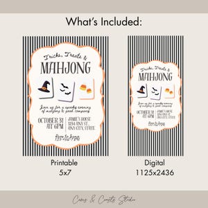 May include: Two Halloween-themed party invitations with black and white vertical stripes. The cards feature the text Tricks, Treats & MAHJONG, illustrations of a witch hat, bats, and candy corn, with event details for October 31 at 6PM at Jamie's House.