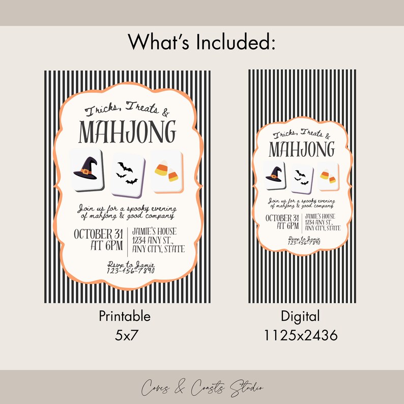 May include: Two Halloween-themed party invitations with black and white vertical stripes. The cards feature the text Tricks, Treats & MAHJONG, illustrations of a witch hat, bats, and candy corn, with event details for October 31 at 6PM at Jamie's House.
