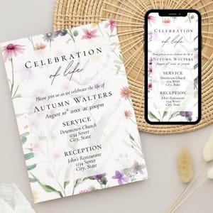 May include: A floral-themed invitation and a smartphone displaying the same design. The invitation reads "Celebration of Life" with details for Autumn Walters' service and reception. The design features watercolor flowers.