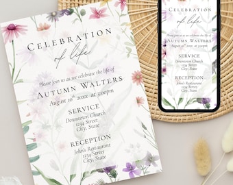Invitación floral para celebrar la vida, invitación a una reunión conmemorativa, plantilla de Canva (descarga digital)