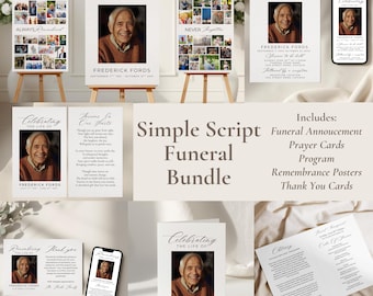 Elegante Script Funeral Bundle Template - Programm, Gebetskarten, Fotoschild, Ankündigung, Dankeskarte