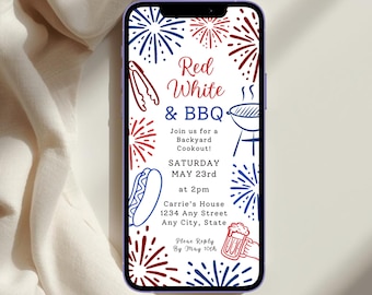 Digital Red White & Grilleinladung Vorlage, Backyard Grillparty 4. Juli Party (digitaler Download)