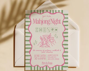 May include: A rectangular invitation card featuring a green horizontal striped border and a pink scalloped frame. The text reads Mahjong Night, June 20th at 6:00PM, Jamie's House, 1234 Any St., Any City, State, and RSVP to Jamie 123-456-7890.