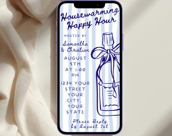 Digital Housewarming Happy Hour Einladungsvorlage, Blauer Streifen Champagner einladen (digitaler Download)