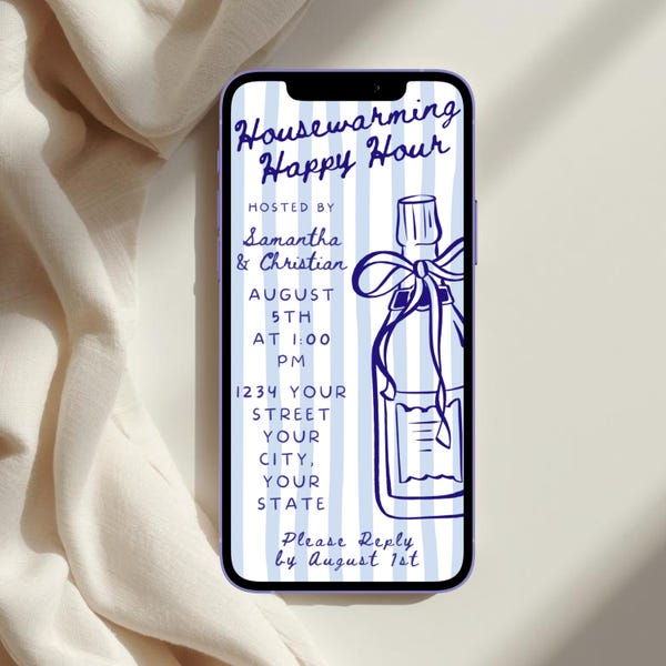 Digital Housewarming Happy Hour Invitation Template, Blue Stripe Champagne Invite (Digital Download)