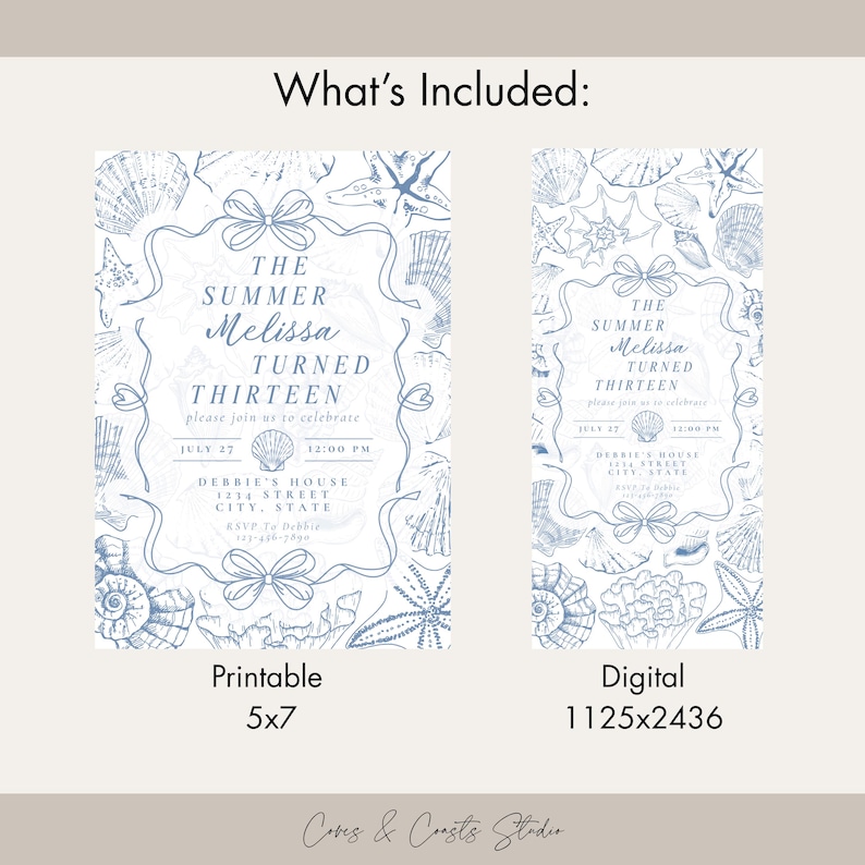 May include: Two printable and digital invitations with a summer theme. The invitations are light blue and feature seashell illustrations and the text "The Summer Melissa Turned Thirteen." The printable invitation is 5x7 inches.
