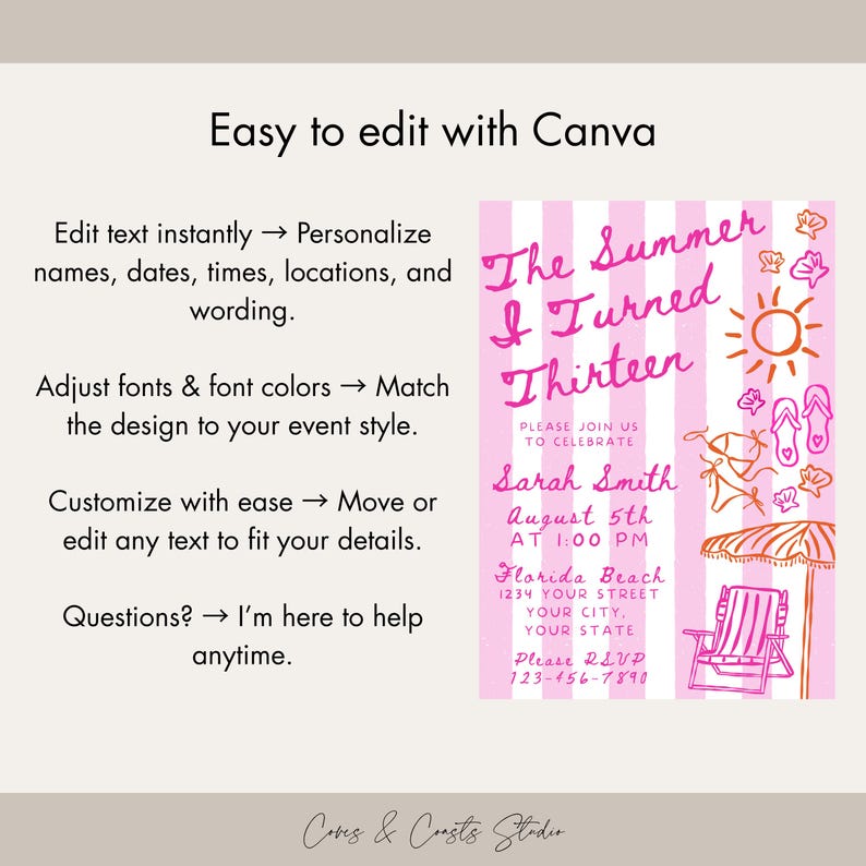 Pode incluir: Convite listrado em rosa e branco com o texto "The Summer I Turned Thirteen". O design apresenta ilustra&ccedil;&otilde;es com tema de praia e detalhes para uma festa de anivers&aacute;rio, incluindo data, hora e local.