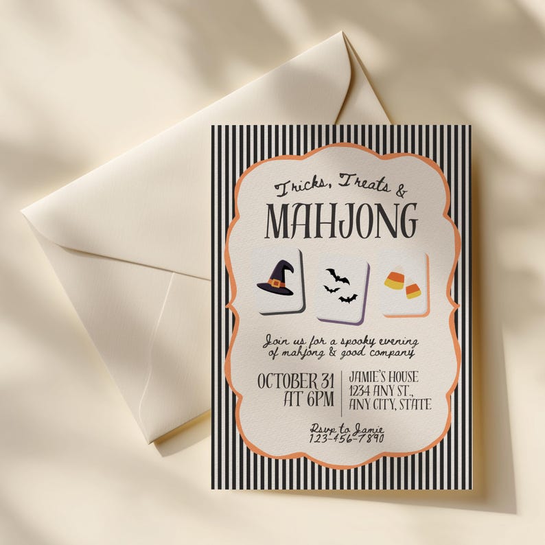 May include: A rectangular Halloween party invitation card with a black and white vertical striped border and a scalloped orange frame. The text reads Tricks, Treats & MAHJONG, featuring illustrations of a witch hat, bats, and candy corn tiles.