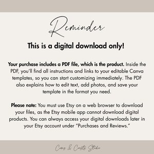 Puede incluir: Anuncio de producto de descarga digital beige con texto negro. El texto dice "&iexcl;Recordatorio: esto es solo una descarga digital!" y proporciona instrucciones para acceder al archivo PDF y a las plantillas de Canva. La parte inferior de la imagen tiene el texto "Cores & Consts Studio."