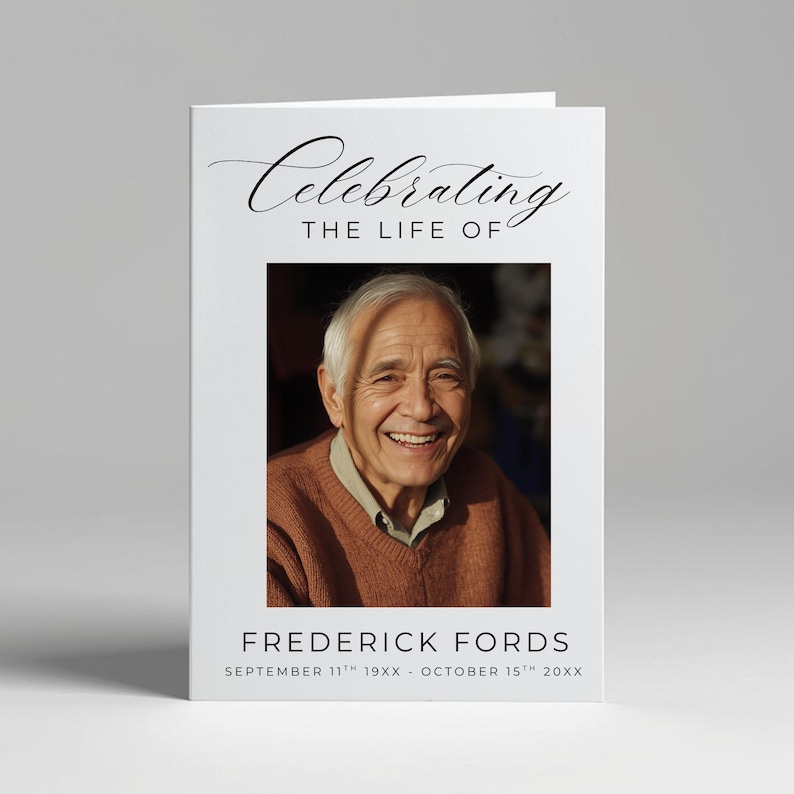 Puede incluir: Una tarjeta conmemorativa plegada con las palabras "Celebrating the Life of" en escritura elegante. Debajo hay un retrato de un hombre mayor sonriendo. La tarjeta incluye el nombre "Frederick Fords" y las fechas de nacimiento y defunci&oacute;n.