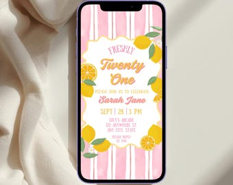Digital Frisch 21 Geburtstagseinladung Vorlage, Pink & Gelb Lemon Striped Bday Invite (Digitaler Download)