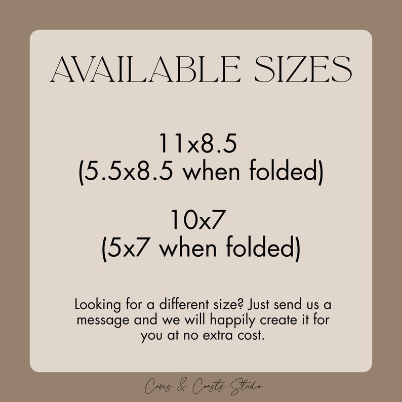 Puede incluir: Gr&aacute;fico beige con el texto "AVAILABLE SIZES". Opciones de tama&ntilde;o: 27,9x21,6 cm (14x21,6 cm plegado) y 25,4x17,8 cm (12,7x17,8 cm plegado). El texto ofrece tama&ntilde;os personalizados e incluye el nombre de la tienda.