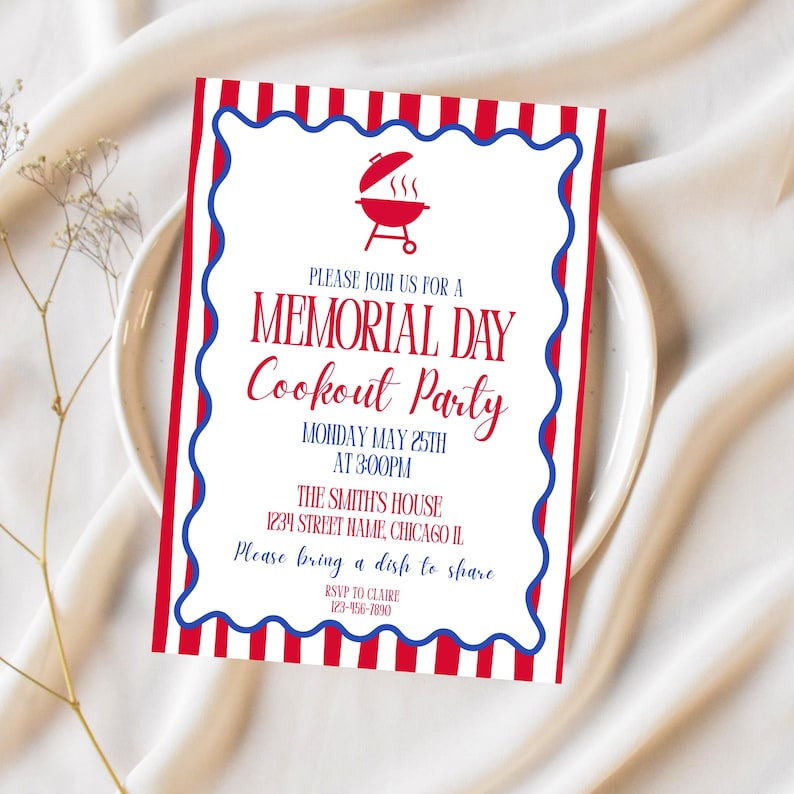Puede incluir: Invitaci&oacute;n a una fiesta de barbacoa del D&iacute;a de los Ca&iacute;dos con un tema rojo, blanco y azul. La invitaci&oacute;n presenta un icono de barbacoa rojo y el texto "Please join us for a Memorial Day Cookout Party". La invitaci&oacute;n est&aacute; sobre un fondo blanco.