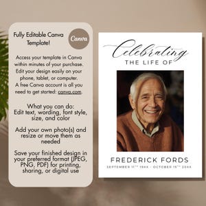 Puede incluir: Una plantilla conmemorativa con el texto "Celebrando la vida de" y una foto de un hombre mayor. La plantilla incluye el nombre "Frederick Fords" y fechas. El lado izquierdo tiene instrucciones para editar la plantilla en Canva.