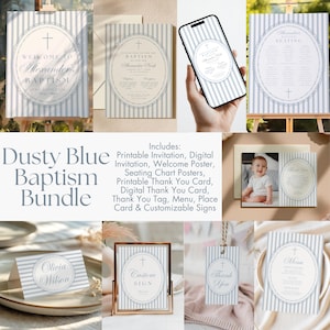 May include: A dusty blue baptism bundle featuring a collection of printable stationery including a welcome poster, invitation, seating chart, thank you card, menu, place card, and signs. Each item displays a striped pattern and oval frame.