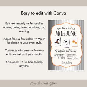 May include: A digital invitation template featuring a black and white striped background with an orange-bordered frame. The text reads Tricks, Treats & MAHJONG, Join us for a spooky evening of mahjong & good company, October 31 at 6PM.
