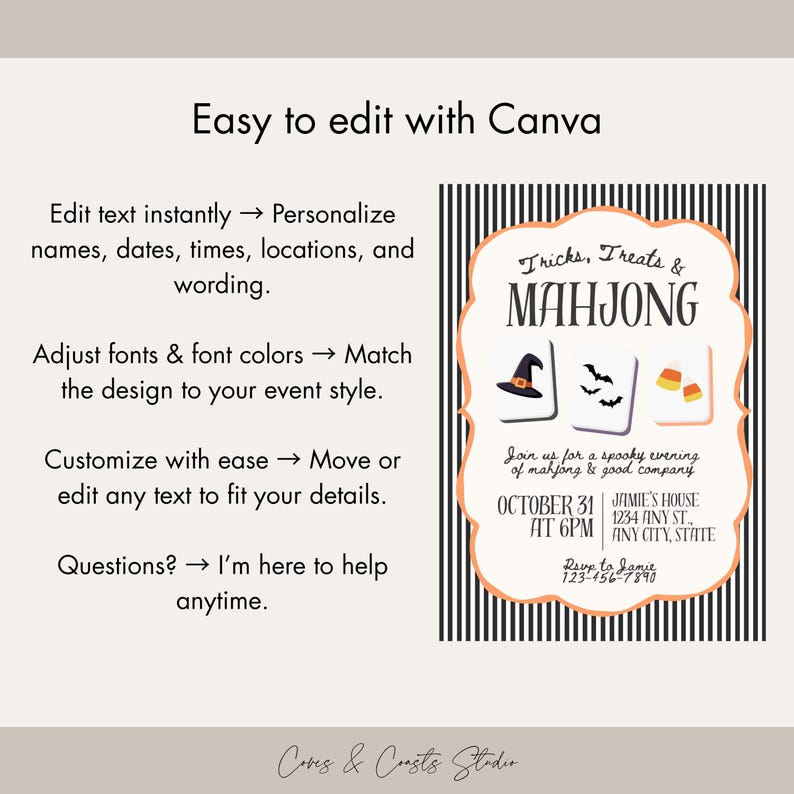 May include: A digital invitation template featuring a black and white striped background with an orange-bordered frame. The text reads Tricks, Treats & MAHJONG, Join us for a spooky evening of mahjong & good company, October 31 at 6PM.