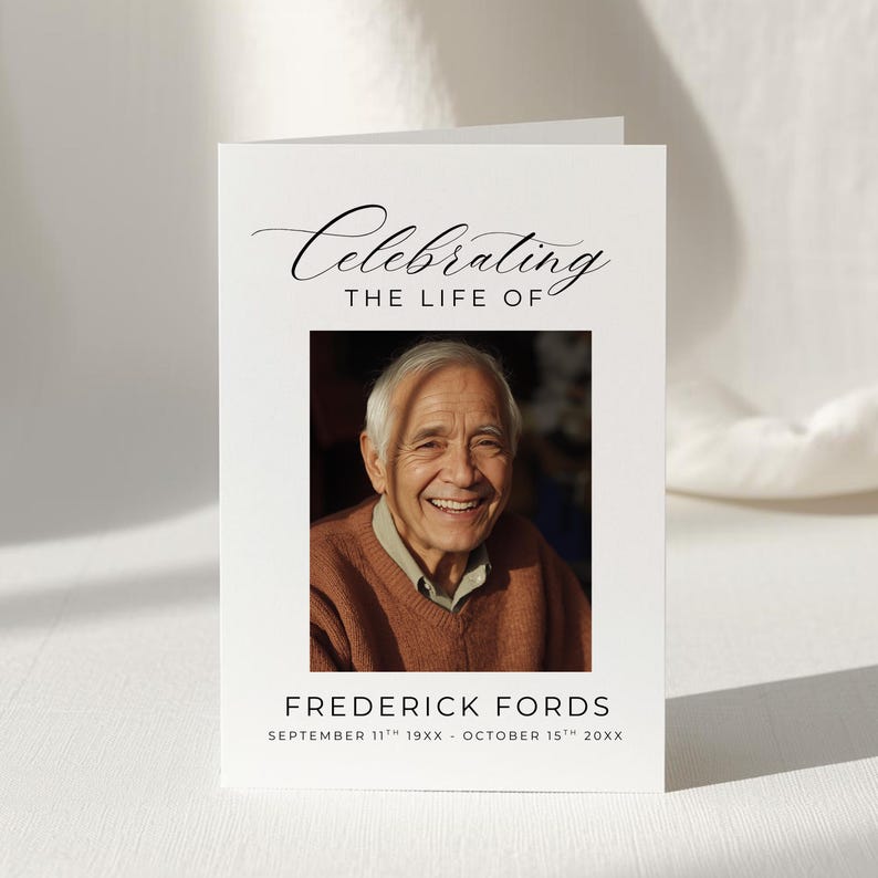 Puede incluir: Una tarjeta conmemorativa blanca con las palabras "Celebrating THE LIFE OF" en una elegante escritura. Debajo hay una fotograf&iacute;a enmarcada de un hombre mayor sonriendo. La tarjeta incluye el nombre "FREDERICK FORDS" y fechas.