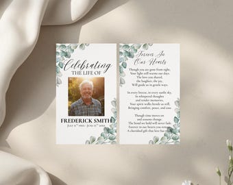 Plantilla de tarjetas de oración de eucalipto: funerales, conmemoraciones y celebraciones de la vida. Editable en Canva, descarga digital imprimible.