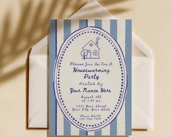 Housewarming Party Einladung Vorlage, Hellblaues Neues Zuhause Einladen, printable & Handy-Versionen (digitaler Download)