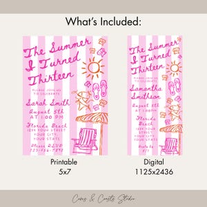 Pode incluir: Design de convite listrado em rosa e branco com o texto "The Summer I Turned Thirteen". Inclui ilustra&ccedil;&otilde;es com tema de praia e detalhes do evento. Vers&otilde;es imprim&iacute;veis 5x7 e digitais s&atilde;o mostradas.