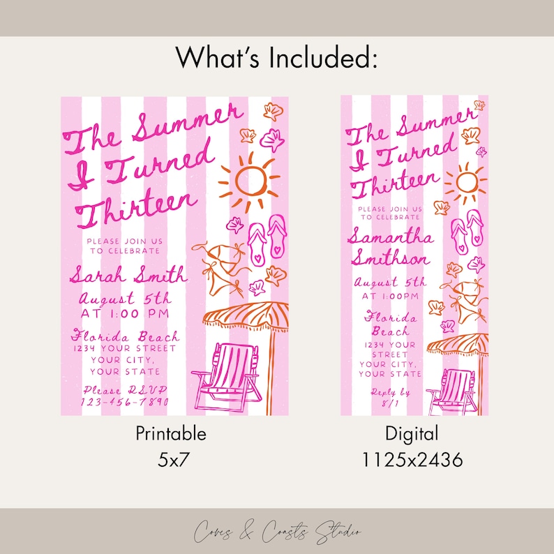 Pode incluir: Design de convite listrado em rosa e branco com o texto "The Summer I Turned Thirteen". Inclui ilustra&ccedil;&otilde;es com tema de praia e detalhes do evento. Vers&otilde;es imprim&iacute;veis 5x7 e digitais s&atilde;o mostradas.