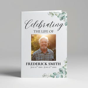 Eucalyptus Funeral Program Template, Foldable Celebration Of Life Printable, Canva Editable