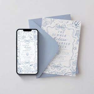 May include: A light blue invitation suite featuring a seashell design. The invitation and envelope are light blue. A smartphone displays a matching invitation design. The text reads "The Summer Melissa Turned Thirteen".