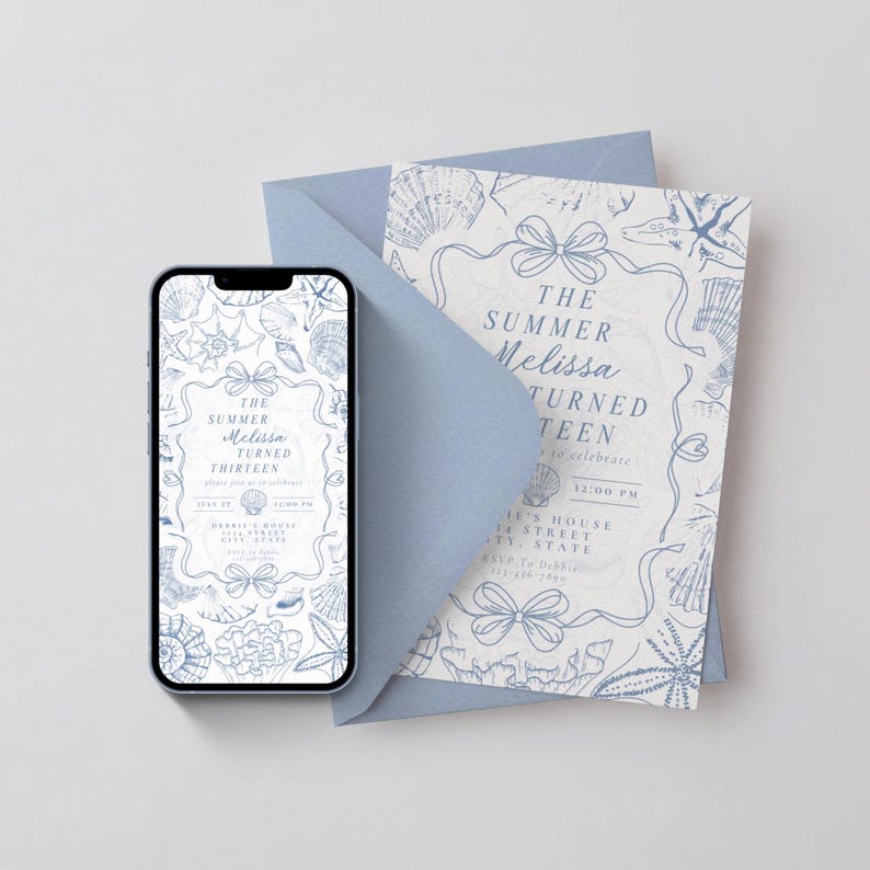 May include: A light blue invitation suite featuring a seashell design. The invitation and envelope are light blue. A smartphone displays a matching invitation design. The text reads "The Summer Melissa Turned Thirteen".